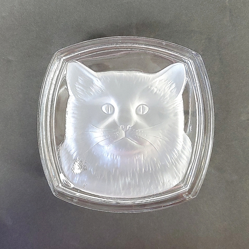 Etched glass frosted  tabby cat face 4 x 4 x 2  lidded trinket box